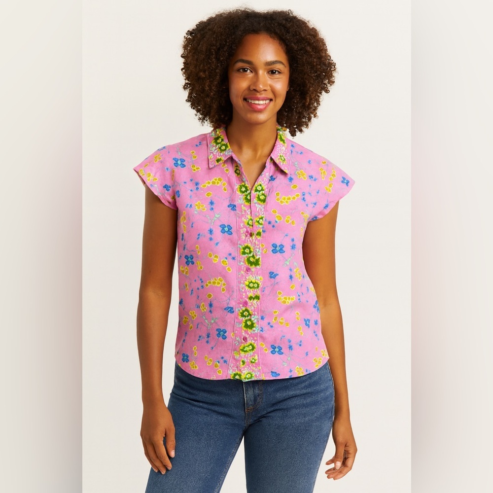 NWT Vibrant Pink Floral Cotton Blouse – Size Large